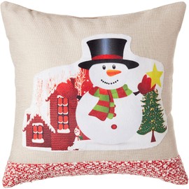 Violet Linen Christmas Ornaments Modern Pattern, Polyester Burlap Fabric, Applique Print Felt Design, Snowman, 18 Inch x 18 Inch, Decorative Throw Pillow