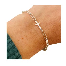 Uniquely Imprint Sterling Silver Cross Bracelet, Paperclip Cross Bracelet, Sideways Cross Bracelet, Religious Christian Gift, Faith
