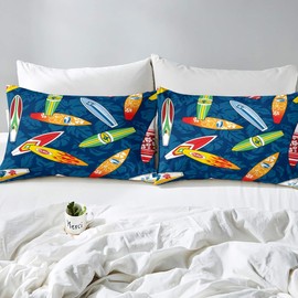 Feelyou Colorful Surfboard Printed Fitted Sheet Summer Surfing Sports Theme Bedding Set for Kids Boys Girls Blue Palm Leaf Decor Bed Sheet Set Hawaiian Tropical Holiday Bed Cover 3Pcs Queen Size