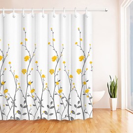 RnnJoile Yellow Flowers Bathroom Shower Curtain Yellow Floral with Grey Leaves Bath Curtain Waterproof Durable Polyester Fabric Cloth White Pattern Bathroom Accessories with 12 Hooks 72"x72"
