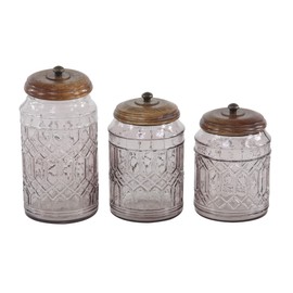 Deco 79 Farmhouse Glass, Wood and Metal Canisters, 5"W x 11"H, Brown, Clear