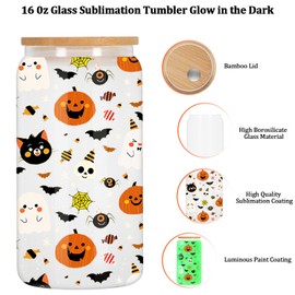 Tswofia 8 Pack 16 Oz Sublimation Glass Can Glow in the Dark, Glow in the Dark 16 Oz High Borosilicate Glass Can with Bamboo Lid, Frosted, Individually Boxed