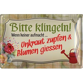 Geschenkeparadies 24 Tin-plate Sign with German language text:Unkraut zupfen & Blumen giessen. English translation: Please ring the bell; pick the weeds & water the flowers.