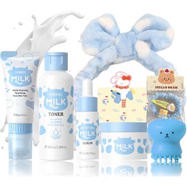 MrCuvaryas Set De Cuidado Facial De 8 Piezas, Set De Cuidado Facial Con Leche, Set De Viaje Para Mujeres Y Adolescentes, Rutina Hidratante Con Leche Para Niñas De 10 A 12 Años, Kit De Autocuidado Bril