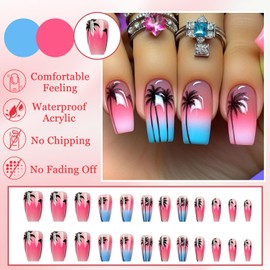 24Pcs Colorful Press on Nails Medium, Summer French Tip False Nails Square with Coconut Tree Design, Natural Removable Full Cover Fake Nails Stick on in 12 Sizes, Manicure Kit for Women Daily Wear