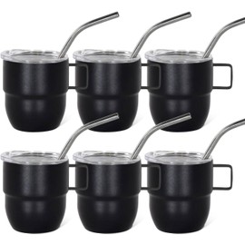 4oz Stackable Espresso Cup with Handle,6Pcs Mini Tumbler with Lid and Straw,Stainless Steel Vacuum Insulated Shot Glass,Demitasse Coffee Cup for Morning Coffee，Individually Wrapped, Black