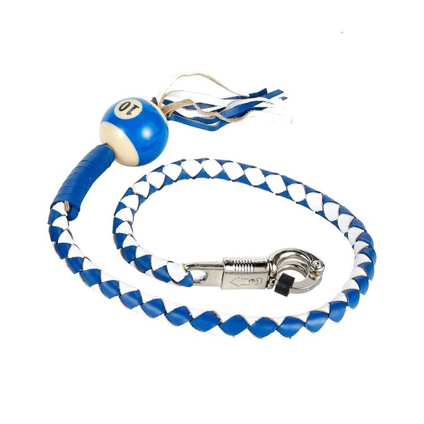 Dream Apparel 42" Leather Motorcycle Get Back Whip for Handlebar Fringed Biker Whip With Pool Ball, White and Blue
