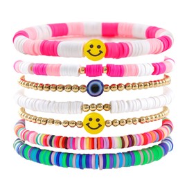 JOOTUEPO 7 PCS Friendship Bracelets, Inspired Bracelets Set Colorful Beaded Stretch Bracelets Clay Stackable Boho Disc Bracelets Y2K Aesthetic Summer Beach Jewelry