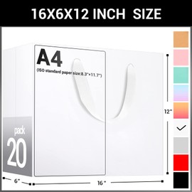 EUSOAR Extra Large Gift Wrap Bags with Handles, 20 Pack 16x6x12 inches White Kraft Paper Bags Bulk, Heavy Duty Totes for Wedding, Grocery, Boutique, Retail, Business, Party Favors, Birthdays