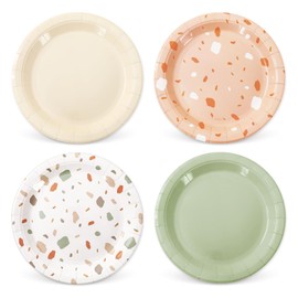 Whaline 24 Pcs Sage Green Paper Plates Solid Beige Brown Terrazzo Disposable Dinner Plates 4 Style Tableware For Spring Baby Shower Party Supplies Table Decor, 9 In