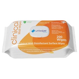 Uniwipe Uniwipe Clinical Midi-Wipes, Antibacterial, Sanitising, Kills 99.999% of Germs, 200 Count