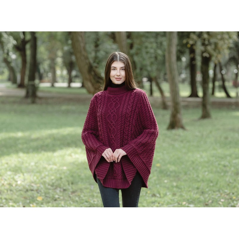 SAOL 100% Merino Wool Cable Knit Ladies Irish Aran Poncho