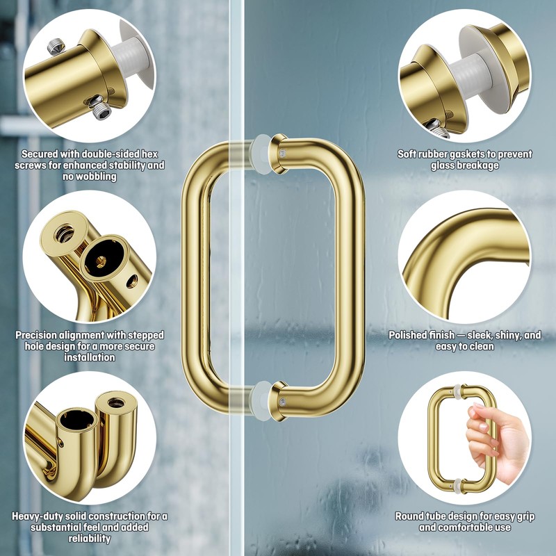 Ranbo Polished Gold 6" （CTC） Tubular Back-to-Back Shower Door Handle，Heavy-Duty