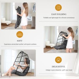 BULEXYARD Hanging Egg Swing Chair Without Stand 350lbs Capacity, Grey Wicker Foldable Hammock Egg Chair with Dark Grey Cushion for Indoor/Outdoor Patio Porch Balcony, Tree/Ceiling/Beam Mount