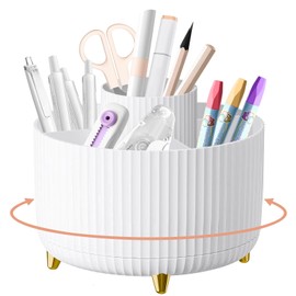 Desk Organiser, 360°Rotating Pen Holder Pen Pot, Makeup Brush Holder with 5 Compartments, Desktop Storage Stationery Supplies Organizer, Pencil Holders for Desk Tidy Home Office School (White)