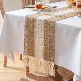 meioro Böhmische Tischläufer für Tisch Dekoration, 30x180cm Tischdeko aus Gewebtem Jutestoff mit Quasten, Rechteckige Landhausstil Tischdecke für Esszimmer Urlaub Party Wohnzimmer (Braun & Weiß)