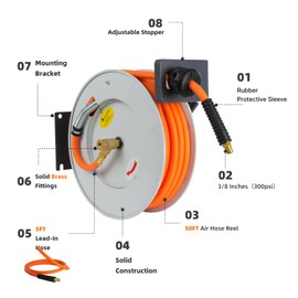 Txecpro Retractable Air Hose Reel, 3/8 IN x 50FT Hybrid Air Hose Max 300 PSI, Air Compressor Hose Reel with 5 ft Lead in, Ceiling/Wall Mounted Air Hose Reel,Heavy Duty Air Tool