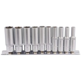 Draper 10 Piece 1/4" Deep Socket Set | 6 Point Hex Socket | Square Drive Hand Tools | Chrome Vanadium Steel Wrench Accessory | Metal Rail | 16399