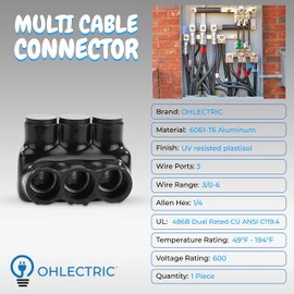 OHLECTRIC Black Insulated Connector - Single Side Entry - 3 Port - 3/0-6 Wire Range - 1/4 Hex Screw - Pre-Filled with Oxide Inhibitor -Rubber Vinyl Coating, 6061-T6 Aluminum CU9AL | OL-39018