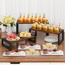 ELITEROO 3 Tier Cupcake Stand & Wood Display Risers, Dessert Stands for Cup Cake or Food, Riser Display Stand for Perfume Collectibles, Tiered Shelf Organizer for Market Retail Vendors, Rustic Brown