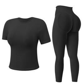 MAYROUND Workout Sets for Women 2 Piece Short Sleeve Tank Top Hidden Scrunch Leggings Gym Set Yoga Outfits Tracksuit