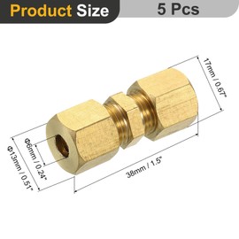 sourcing map 5Pcs Brass Compression Tube Fitting, 6mm Tube OD Connector, NPT Thread Compression Union Connectors & Compression Sleeves Ferrules, Brass Straight Coupling Adapter