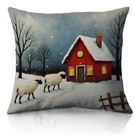 Forest Charger Christmas Pillow Cover 18x18 Inch, Winter Farmhouse Throw Pillow with Snowy House and Sheep, Holiday Home Decor for Couch Sofa, Festival Gift Idea