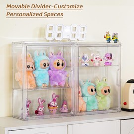 Acrylic Display Case with Movable Dividers, Clear Figure Display Cases for Collectibles, Stackable Display Box with Magnetic Door 3 Pack