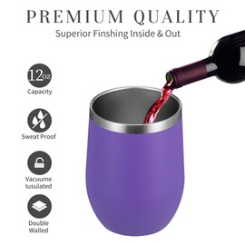 MEWAY Stemless 12oz Wine Tumbler Glasses with Lid -Insulated Double Wall Vacuum Stainless Steel Travel Tumbler with Straw,for Woman Under 10 dollars (Purple,1)
