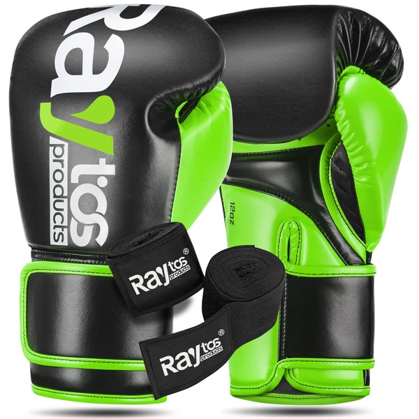 Raytos Boxing Gloves Microfiber Leather Breathable Kickboxing Training Gloves Punching Gloves MMA Gloves Sandbag Stress Relief Lack Exercise for Kids Men Women (12oz, Black and Green)