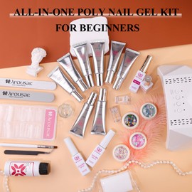 Arousar Poly Nail Gel Kit, 8 Colors Nail Extension Gel, Clear Black Gold Glitter Builder Nail Gel with 2 Gel Polish, Base and Top Coat, Slip Solution, Nail Lamp DIY Salon at Home for Women
