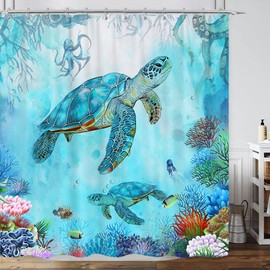 Sea Turtle Shower Curtain, Blue Ocean Underwater Turtle Octopus Fish Coral Beach Shower Curtain, Marine Life Aquatic Plant Coastal Nautical Shower Curtain For Bathroom Hooks Included 72"X72" Blue