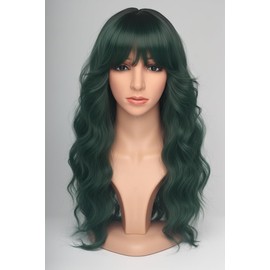 24 Inch Forest Green Wavy Wig with Bangs, Heat Resistant Synthetic Hair for Women, Adjustable Cap with Snap Clips for Daily Use, Wedding, Cosplay