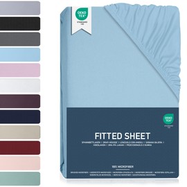 Fitted Sheet 180 x 200 cm - Brushed Polyester Microfibre Fitted Sheet, Oeko-Tex Bed Sheet, Jersey Bedding and Duvet Cover for Box Spring Bed and Thick Mattresses up to 25 cm - Light Blue 180 x 200 cm