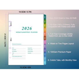 A5 Refill Diary 2026, 1 Week on 2 Pages Organizer with Monthly Tabs, Extra Notes Contact, Weekly Planner Inserts, Diary 2026 Refill