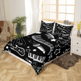 Manfei Kids Music Duvet Cover Set Queen Size, Guitar Microphone Piano Key Comforter Cover with 2 Pillowcases, Musical Notes Bedding Set 3pcs for Boys Girls Room Decor Black and White Bedspread Cover