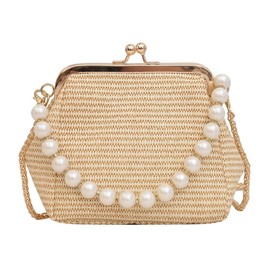 TOFBS Beach Bag Women's Summer Straw Clutch Small Evening Handbag Vintage Straw Bag with Removable Chain Handbag Crossbody Bag for Beach Holiday Travel, khaki