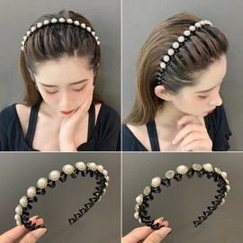 Wavy Pearl Headband for Women Rhinestone Hair Bands for Women's Hair Non Slip Wavy Plastic Headbands for Women Girls Washing Face Makeup Head Bands Hair Accessories 2 Pcs