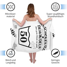 Kaempe 50 Geburtstag Frauen Männer-Strandhandtuch & Badetuch mit Geburtstagskarte, Geschenke Zum 50 Geburtstag Mann, Geschenke für Frauen, 160x80cm Mikrofaser Badetücher-Schonend Behandeln 50. Deko