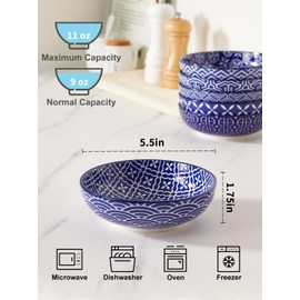 Metahom Blue White Dessert Bowls, Ceramic Snack Bowls for Kitchen, 11 Oz Small Shallow Bowl Set for Ice Cream, Condiments, Side Dishes, Set of 6, Dishwasher & Microwave Safe