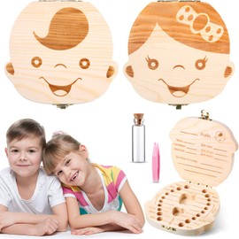 2 Wooden Baby Tooth Box, Cute Children's Tooth Box, Children's Keepsake Organiser, Gift Tooth Box with Tweezers and Lanugo Bottle to Preserve Childhood Memory (Girls and Boys)