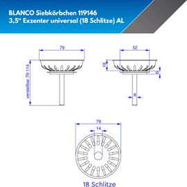 BLANCO Blanco 119146 Siebk?rbchen 7,9 cm | 3,5" | mit Zapfen fr Exzenter-Bedienung | 18 Ablauf-Schlitze | Original-Ersatzteil | Edelstahl