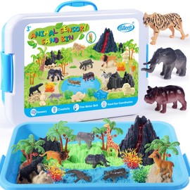 Billeeit Animal Figures Sensory Bin Sand Toy, Jungle Play Sand Kit w/lid and 2.2lbs Magic Sand, Molds, Tools, Zoo Map Set 35pcs Total, Fun Gift for Kids 3+