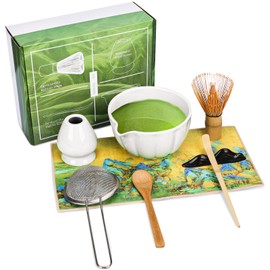Juego de Matcha Cerámica 8 piezas, Incluyendo Cuencos, Agitadores y Soportes,Tamiz, Cuchara, Descanso Scooter，Cucharilla, Toalla de Té (Blanco)