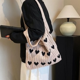 ibalulu Beach Bag Shoulder Bag Handbag Women's Knitted Bag Shopper Bag Women's Knitted Love Crochet Bag Tote Bag Shoulder Bag for Shopping Holiday Travel, khaki, Fashion