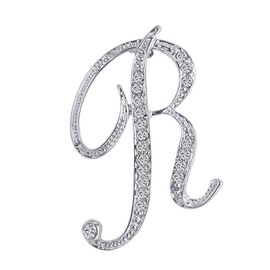 LiaSun 26 Letters Brooches Silver Plated Metal Broaches Pins-Clear Crystal Initial Breastpin (1pcs-R)