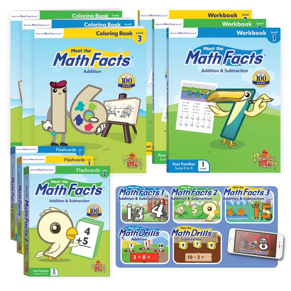 Meet the Math Facts Addition & Subtraction Levels 1, 2 & 3 BIG SET! - Bundle with 3 Workbooks, 3 Coloring Books, 3 Sets of Flashcards + 5 Video Downloads - Primary School Prep Series!