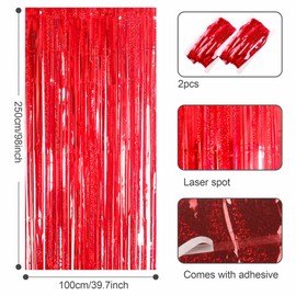 2pcs 3.2 x 8.3ft Glitter Red Tinsel Curtain Foil Fringe Curtain Backdrop Party Streamers Curtain Photo Backdrop Decorations for Birthday School Graduation Hen Christmas Girls Party Decorations