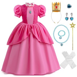 Formemory Princess Peach Dress, Children, Princess, Cosplay, Dress, Princess, Costume, Recital, Dress, Crown, Gloves, Magic Wand, Accessories, Luxurious 8-Piece Set, Kids, Girls, Halloween, Birthday Parties, Recitals, Performances, School Festivals (110)