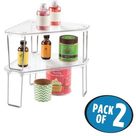 mDesign Corner Plastic/Metal Freestanding Stackable Organizer Shelf for Kitchen Countertop, Pantry or Cabinet for Storing Plates, Mugs, Bowls, Canned Goods, Baking Supplies, 2 Pack - Clear/Chrome